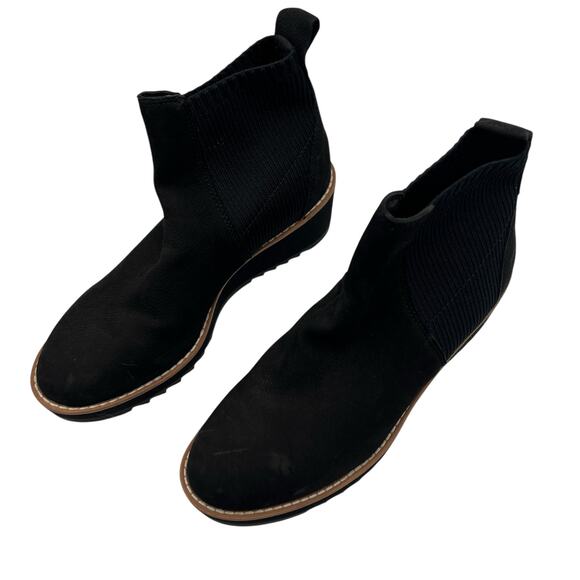 Eileen Fisher Lilou Nubuck Stretch Knit Black Ankle Boot 2” Wedge Chelsea 7.5 - Picture 1 of 13